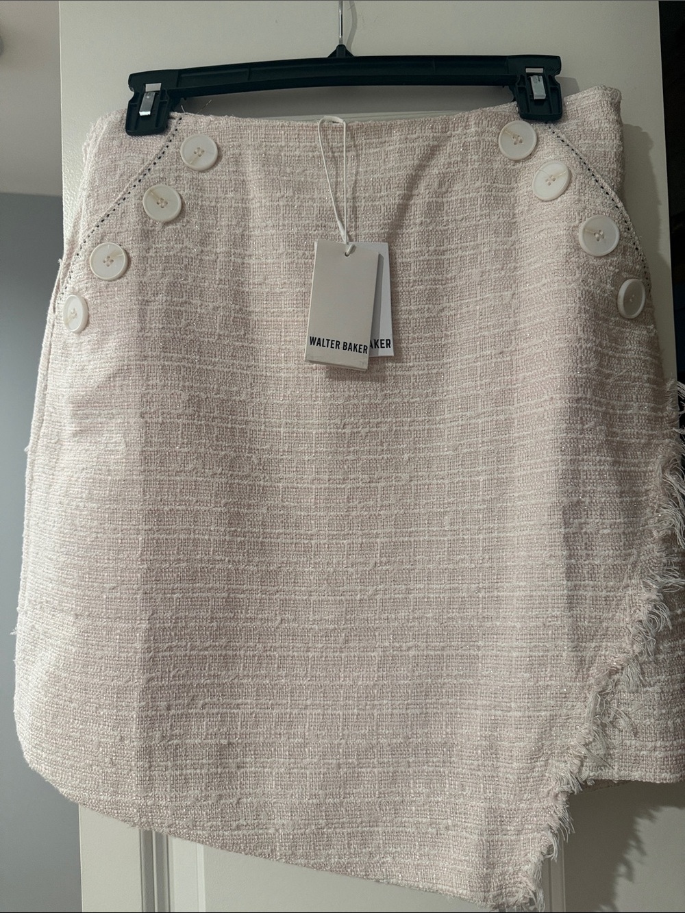 Walter Baker Cream Asymmetrical Tweed Mini Skirt with Button Trim